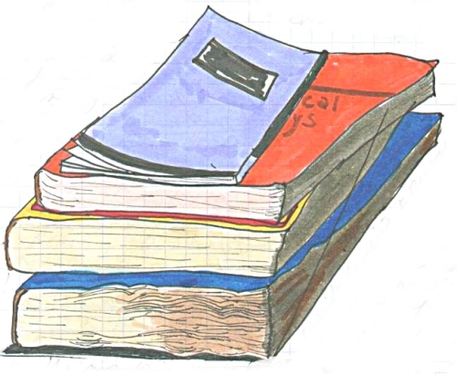 Drawing of pile of books (c) Katrien Vander Straeten